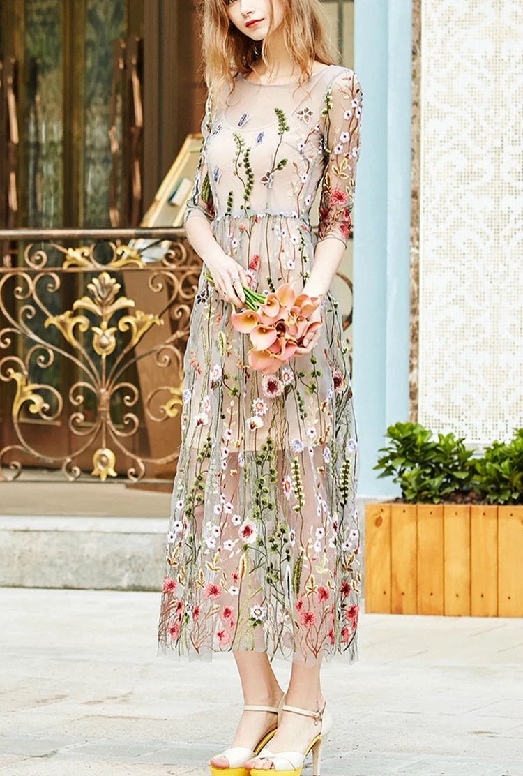 2018 Вечеринка платья для женщин великолепные Половина рукава Sheer Mesh Вышивка Boho