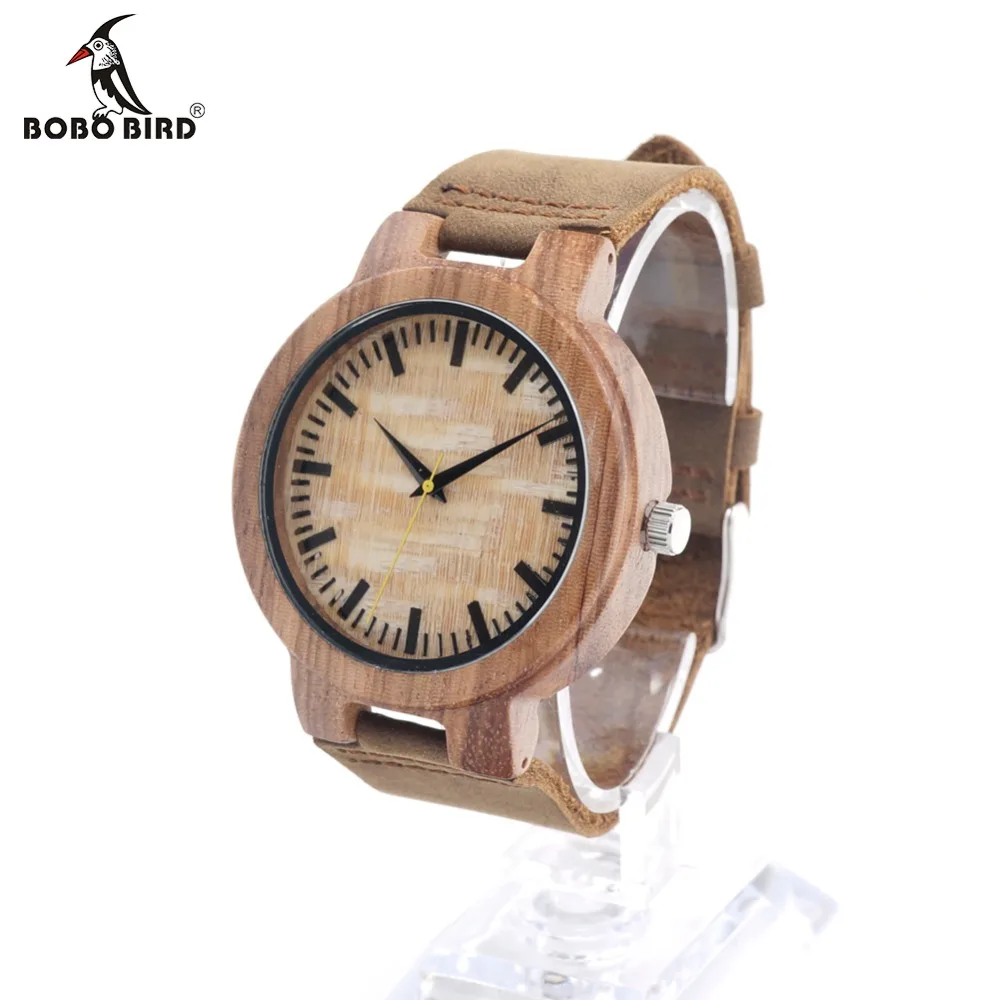BOBO BIRD Mens Watches Bamboo Wooden Quartz Watches with Japan Movement with Real Leather Strap in Gift box for Women
