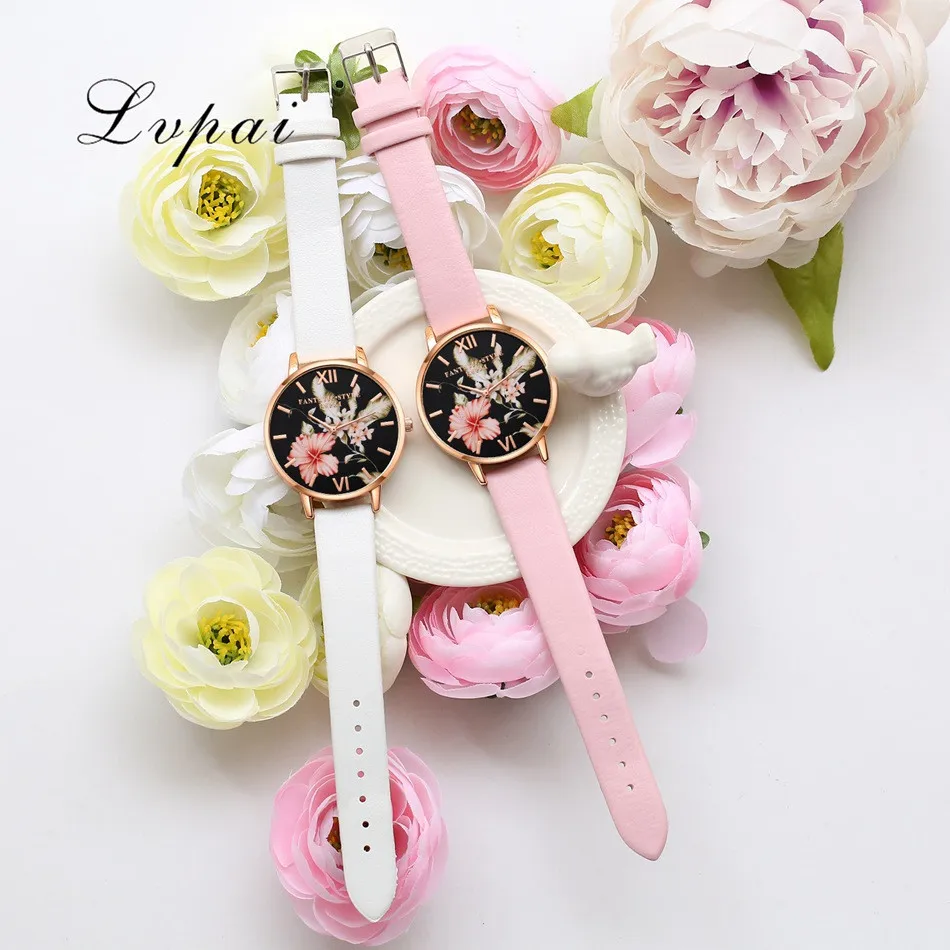 Lvpai Brand Women Bracelet Watch Fashion Rose Gold Flowers Leather Simple Women Dress Watches Luxury Business Clock Watch