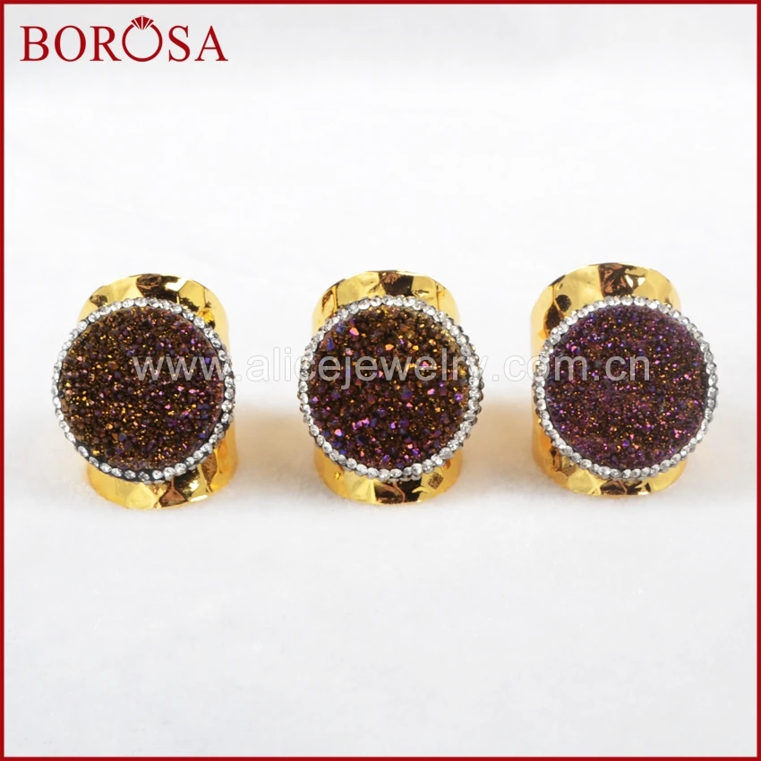 

BOROSA 5Pcs Gold Electroplated Band Ring Round Drusy Paved Zircon Natural Titanium Druzy Crystal Quartz Ring Gems JAB375