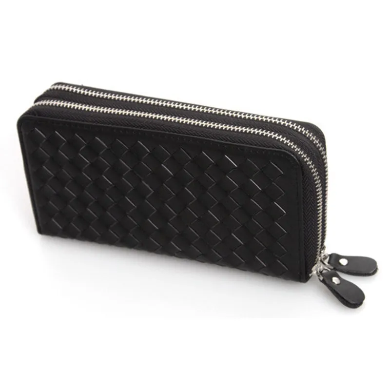 

100% Guarantee Cowhide Double Compartments Hand-woven Male Clutch Bag Big Capacity Long Men Wallet Purse Card Holder PR094009-2