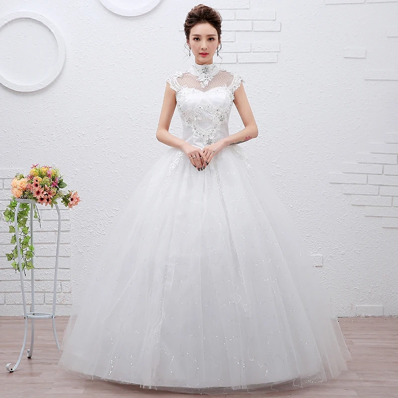 

Beauty Emily Cheap Whte Tulle Wedding Dresses 2019 Ball Gown High Lace Up Beading Appliques Wedding Celebrate Party Bridal Dress