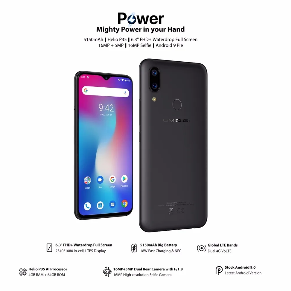 UMIDIGI power Android 9,0 5150 мАч большая батарея 18 Вт 6,3 'FHD+ экран капли воды 4 Гб+ 64 Гб Helio P35 глобальная версия смартфона 16 МП