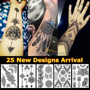 1PC Fashion Large Indian Mehndi Black Henna Temporary Tattoo Stickers Sun Flower Dreamcatcher Feather Waterproof Tattoos HBJ013A