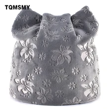 TQMSMY Autumn Warm Winter Hat For Women Cat Ears Skullies Beanie Hats with Ear Flaps Caps Ladies Flower printing Beanies TMDH07