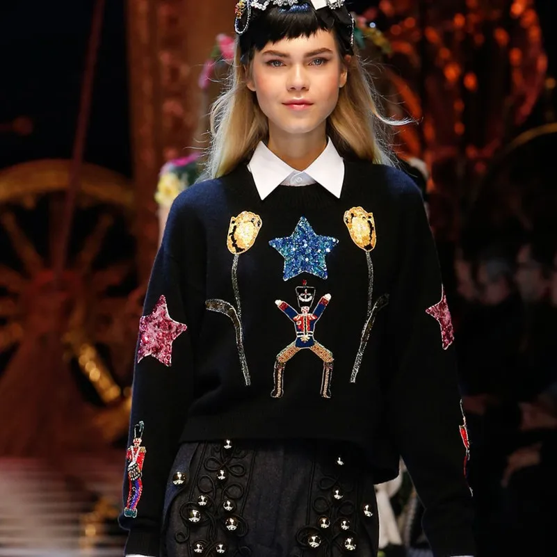 

Designer Runway Casual High Quality Hip Hop Boho Cartoon Sequins Embroidered Rabbit Wool Sweater Woman Thick Warm Pullover Top