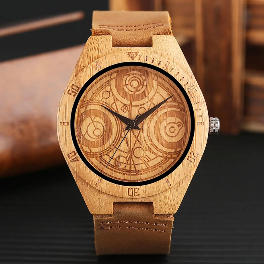 Natural Wood Watch DR.WHO Pattern Quartz Wood Watches Mens Brown Genuine Leather Handmade Bamboo Wooden Gift Clock  (7)