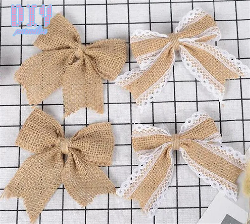 

20PCS DIY bow-knot Retro Natural Burlap Ribbon Lace Tape Trim Rustic Jute Garland Hessian Bow tie Wedding Party Decoration Craft