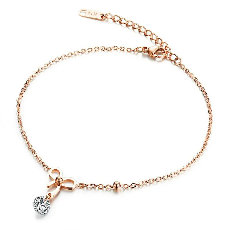 

Foot Chain Stainless Steel Jewelry Bowknot Anklets For Women Cubic Zirconia Rose Gold Color Leg Ankle Bracelet Fashion Anklet