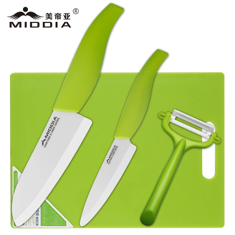 

Middia 4pcs ceramic cook knives,peeler,cutting board set chef knife fruit paring knife