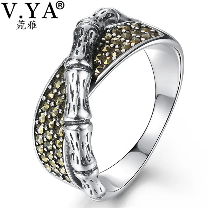 

V.YA Fashion Marcasite Stone Rings for Women Men Couple 925 Sterling Silver Retro Ring Plant Shape Thai Silver Jewelry