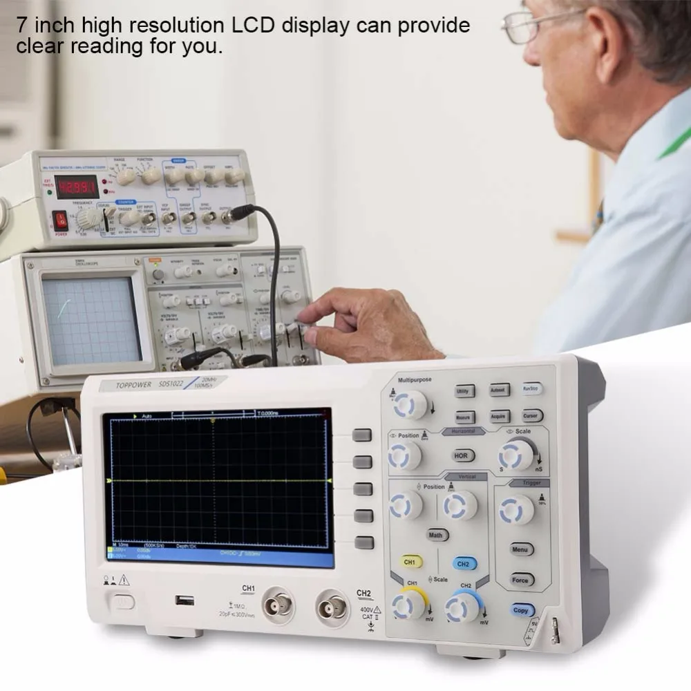 

SDS1022 Digital Oscilloscope DS1022 7in LCD Display 2 Channel Digital Oscilloscope 20MHz 100-240V