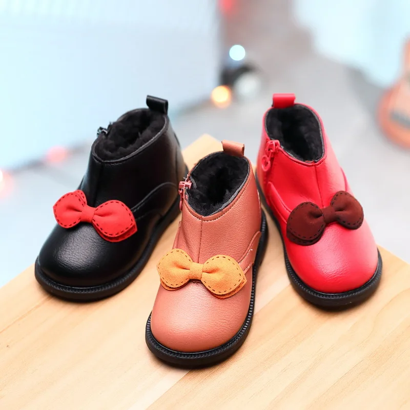 Winter Warm Plush Little Girls Children Leather Snow Boots Shoes For Kids Princess Girls Martin Snowboots 1 2 3 4 7 8Year Red