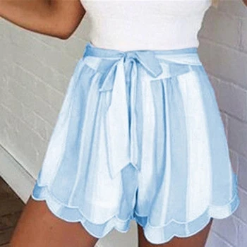 

2019 Summer Double Petal Shorts Women Stripe Print Loose Hot Shorts Lady Beach New Fashion High Waist Sashes Shorts Feminino
