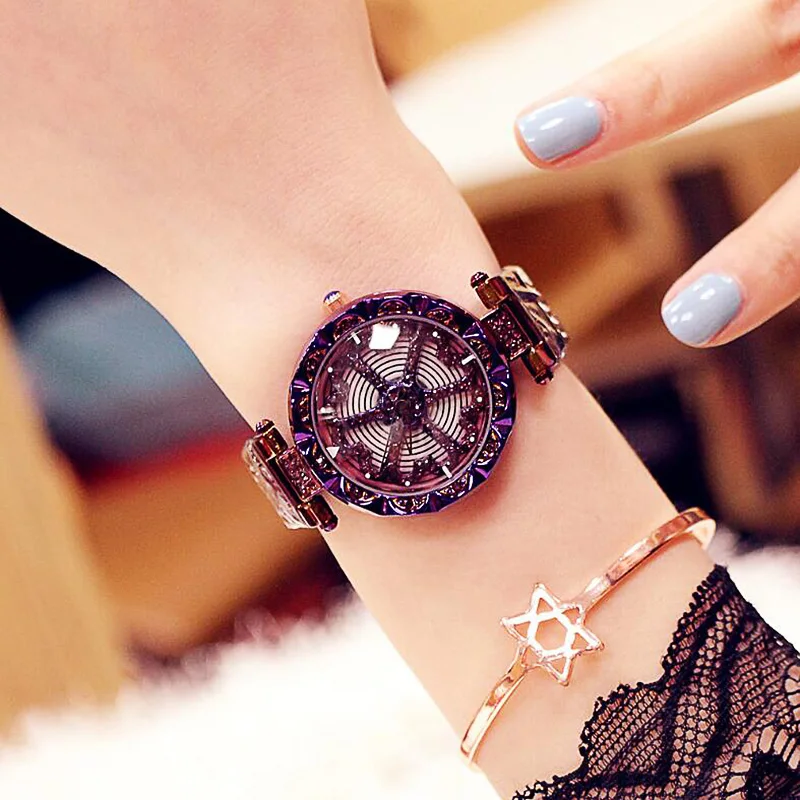 Лидирующий бренд, роскошные часы с бриллиантами из розового золота, женские кварцевые часы, женские наручные часы для девушек, часы с вращающимся циферблатом, Relogio Feminino