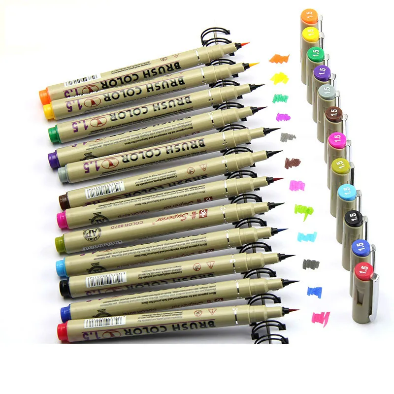 12Pcs Colorful Water Based Brush Pen 1.5mm Fineliner Paint Brush Pens