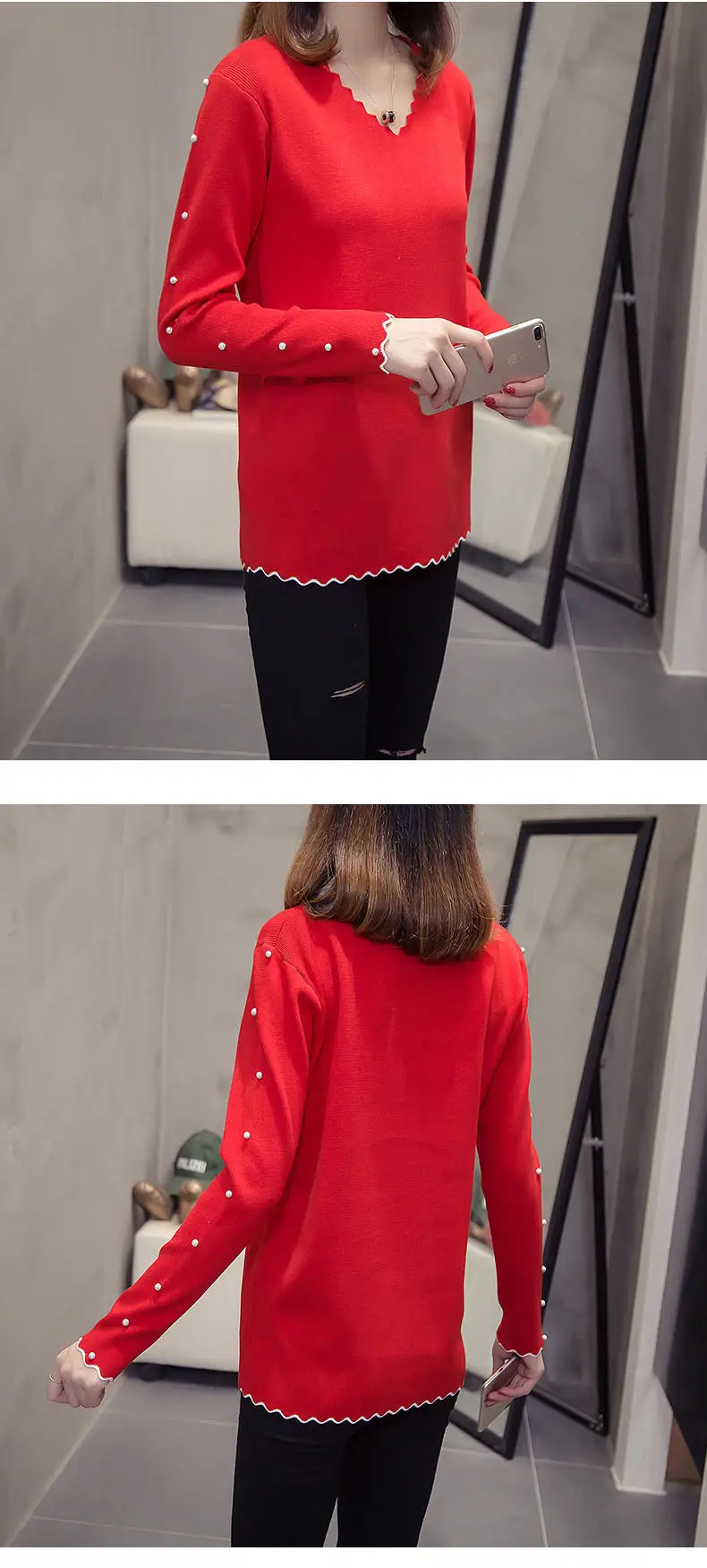 Женский свитер пуловер базовый вязаный плюс размер 4XL топ v-образный вырез новая осенняя одежда длинный рукав с бусинами женский женксие кофты