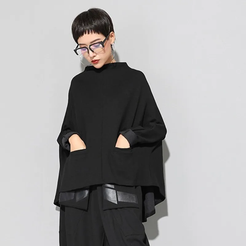 [EAM] 2019 جديد الربيع الوقوف طوق طويل كم أسود فضفاض غير النظامية حجم كبير عباءة البلوز المرأة الأزياء المد JI949