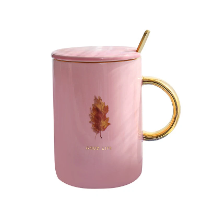 

450ml Trend Gold-plated Pink Color Ceramic Mug Enamel Coffee Milk Cup Plants Pattern Tea Cup Creative Gift For Student