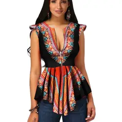 Женская Летняя туника на молнии в африканском стиле с принтом без рукавов, футболка, Топы, блузка