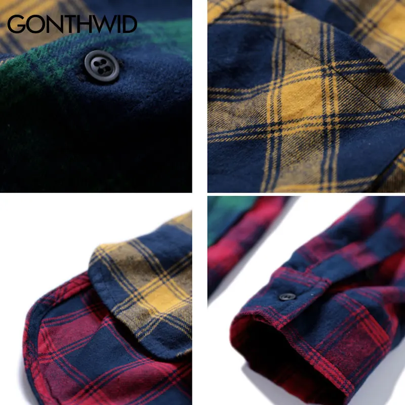 Color Block Patchwork Plaid Long Sleeve Shirts 7