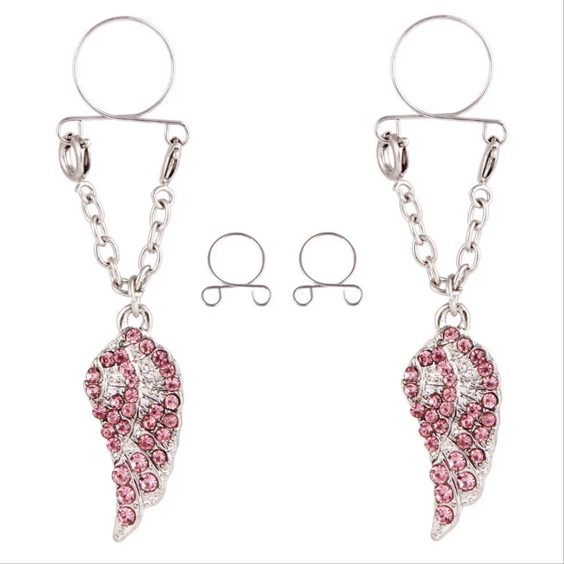

New Feather Wing Non pierced Clip Nipple Ring Women Nipple Crystal Fake Nipple Shield Tassel Dangle Adjustable Sexy Body Jewelry