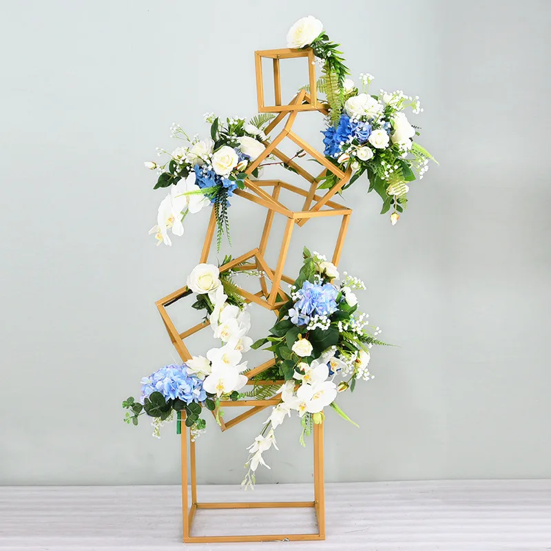 gold 1set add flower JAROWN креативный Мульти Стиль Геометрическая квадратная рамка Цветочный декор набор Железный художественный многоугольник Свадебный сценический реквизит оконный Дисплей Декор - Цвет: gold 1set add flower