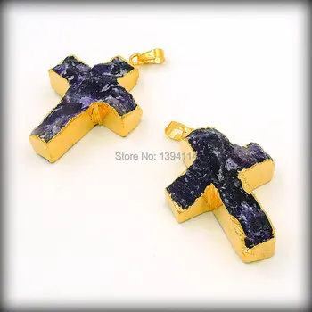 

Natural Purple Quartz Crystal Cross Pendant Of Gold Cladding Approx 40*30 mm