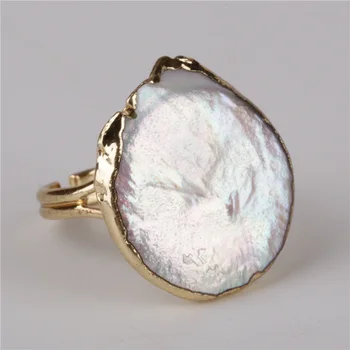 

natural offwhite white big flat freshwater pearl Bead Charm Gold Ring gold Wrap resizble Open Rings Cuff For Women wedding gift