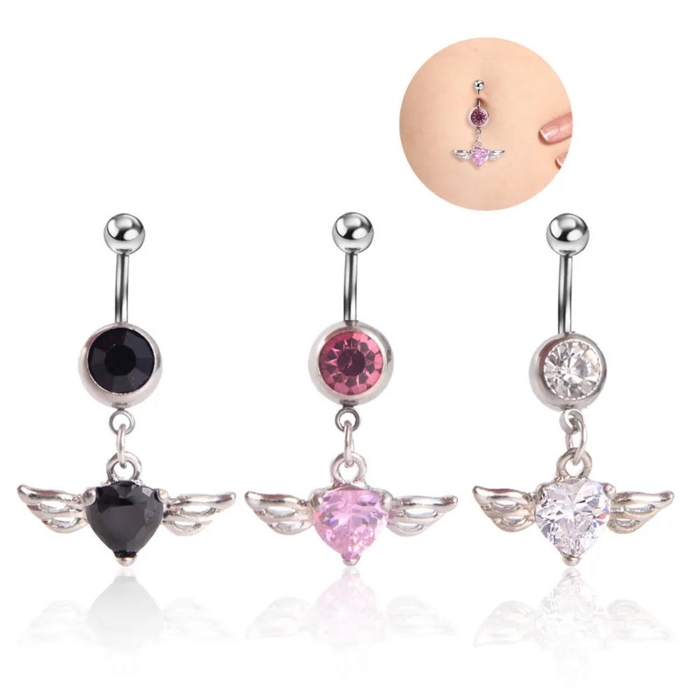 

Top Quality Dangle Angel Wings Navel Piercing Chirurgisch Staal Crystal Silver 6mm Navel Piercing Nombril Ombligo Body Jewelry