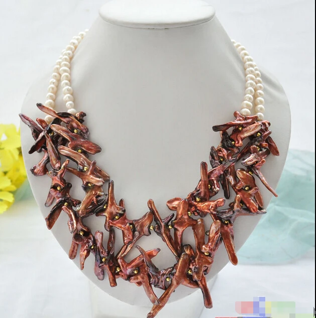 

HOT## Wholesale FREE SHIPPING P5128 2row 20" 45mm coffee BAROQUE cross white ROUND PEARL NECKLACE