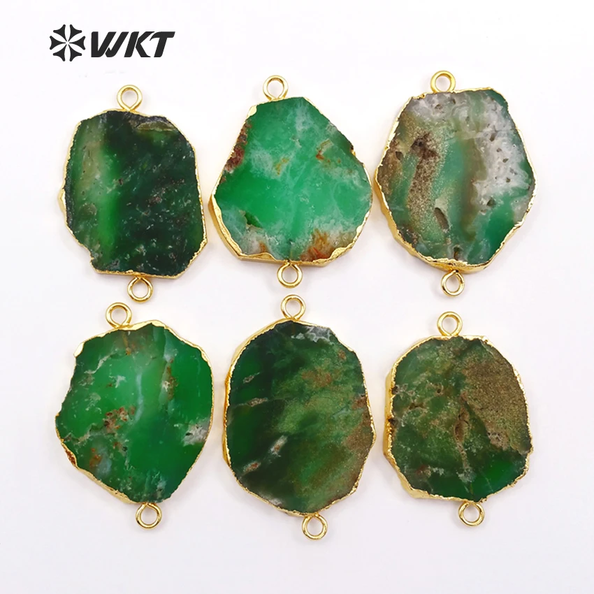 

WT-C171 HOT SALES double loops Chrysoprase connector , 24k gold trim dark green natural chrysoprase connector jewelry