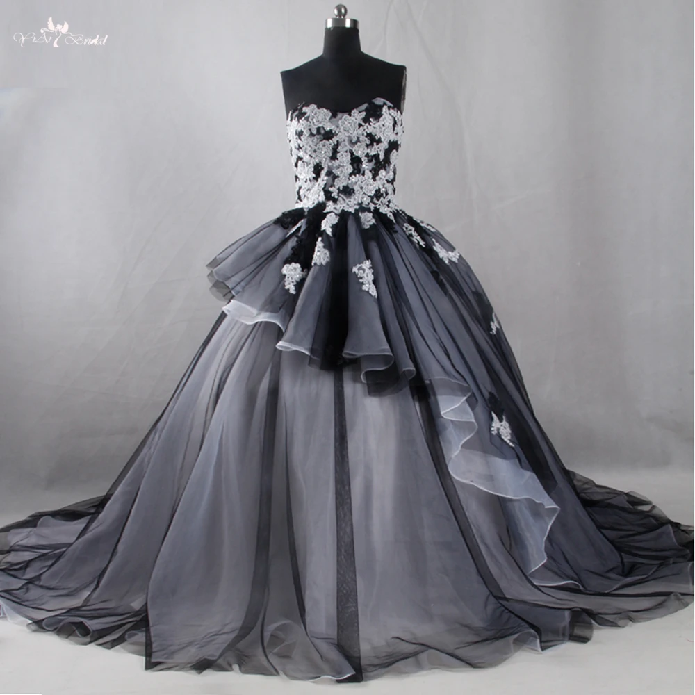 

TW0200 Plus Size Sexy Long Big Train Idiographic Black And White Wedding Dress