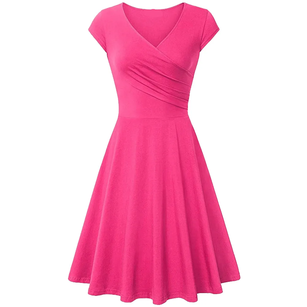 Ostrich платье женская летняя обувь, однотонная жилетка с v-образным вырезом сплошной трапециевидной формы с короткими рукавами для маленьких детей, vestidos verano robe femme vestidos de festa N30 - Цвет: Розовый