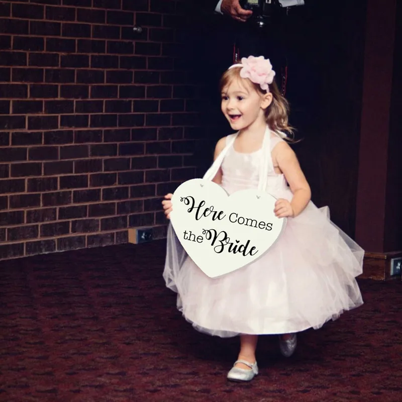 

Wooden Heart Here Comes the Bride with And they lived Happily Ever After Wedding Flower Girl Sign, Ring Bearer Sign , Crisp