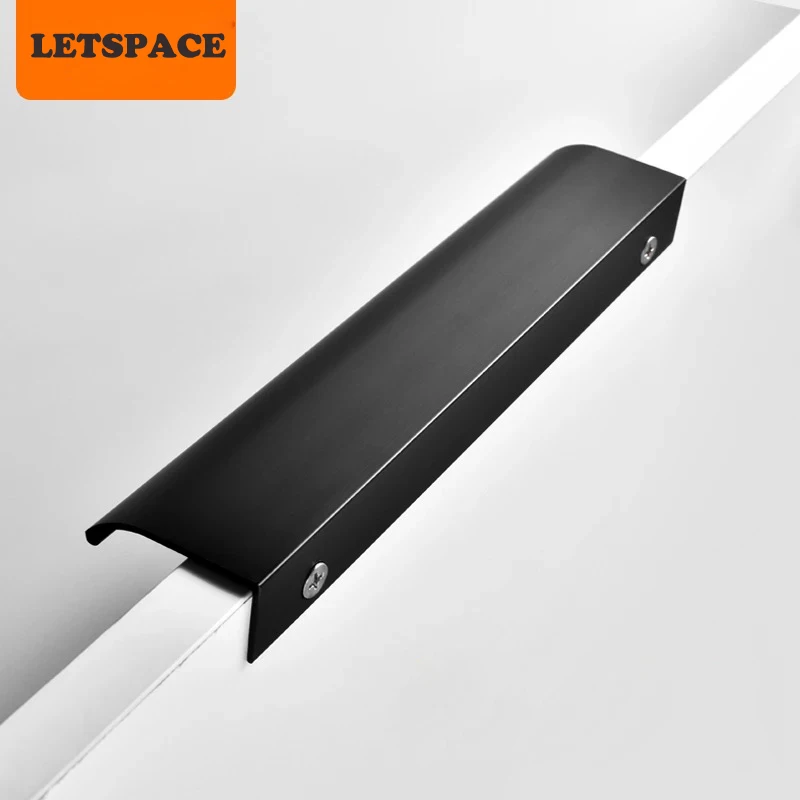 Modern simple cabinet door edge handle wardrobe drawer pulls black hidden furniture handle Zinc alloy kitchen cabinet knob 160mm
