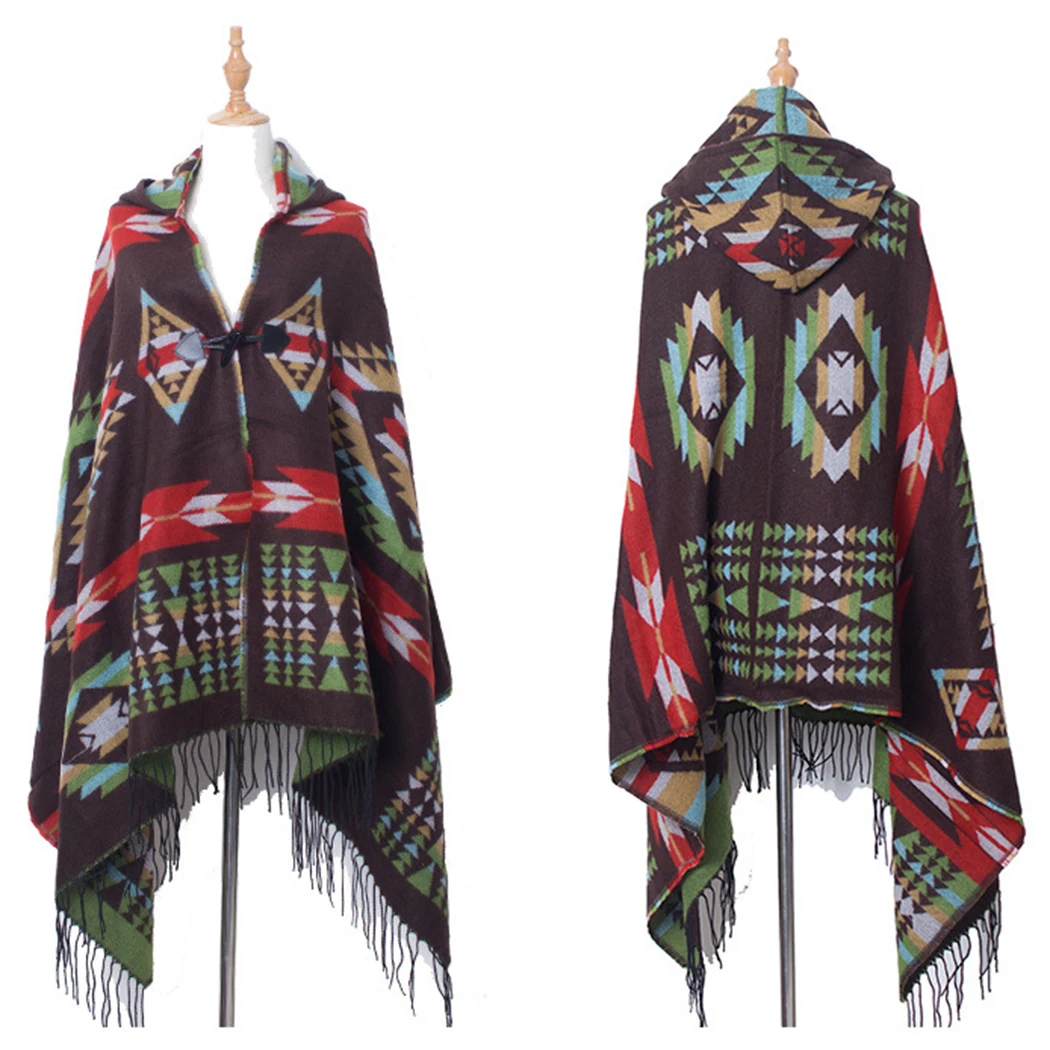 Autumn Winter Print Shawl Jacket Knitted Sweater Vintage Ethnic Oversized Hooded Cardigan Women Cashmere Tassel Poncho Cape Coat |