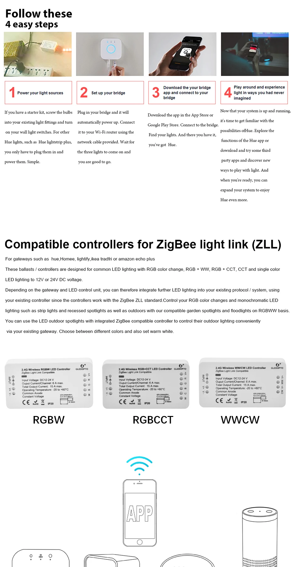 Zсветодиодный igbee умный светодиодный контроллер Amazon Echo Tradfri совместимый светодиодный Светодиодный контроллер RGB CCT WW CW ZIGBEE светодиодный контроллер светодиодный диммер