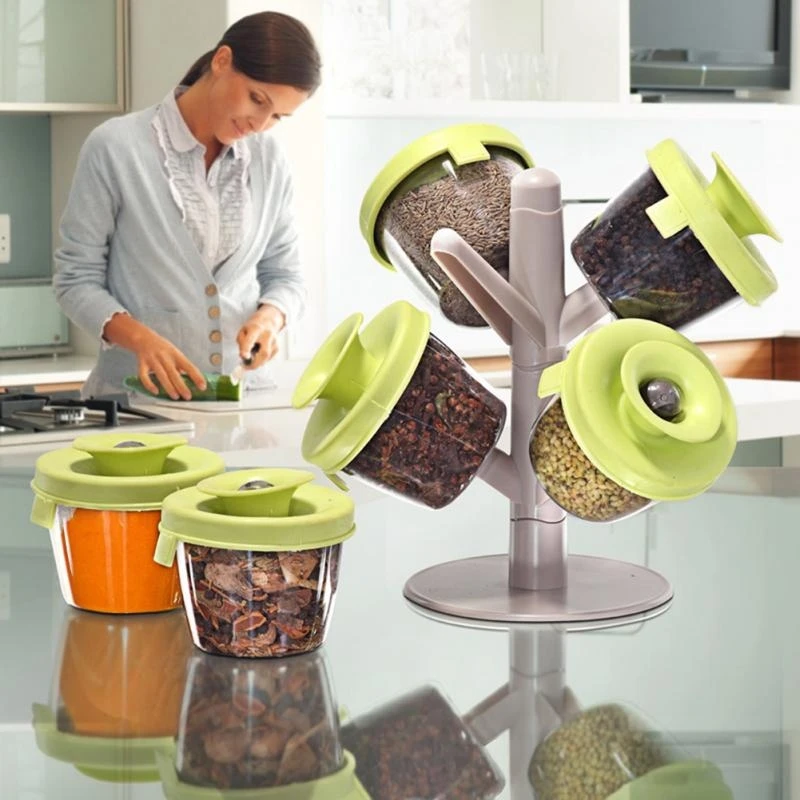 

1 set Creative Tree Stand Spice Rack Flavoring Organizer Holder With 6 spice jar Kitchen Storage Racks organizer