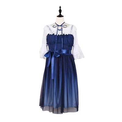 Старое голубое градиентное женское летнее платье на подтяжках, двухслойное платье с вуалью Феи Кэй, платье лолиты и внутренняя белая рубашка - Цвет: Short set