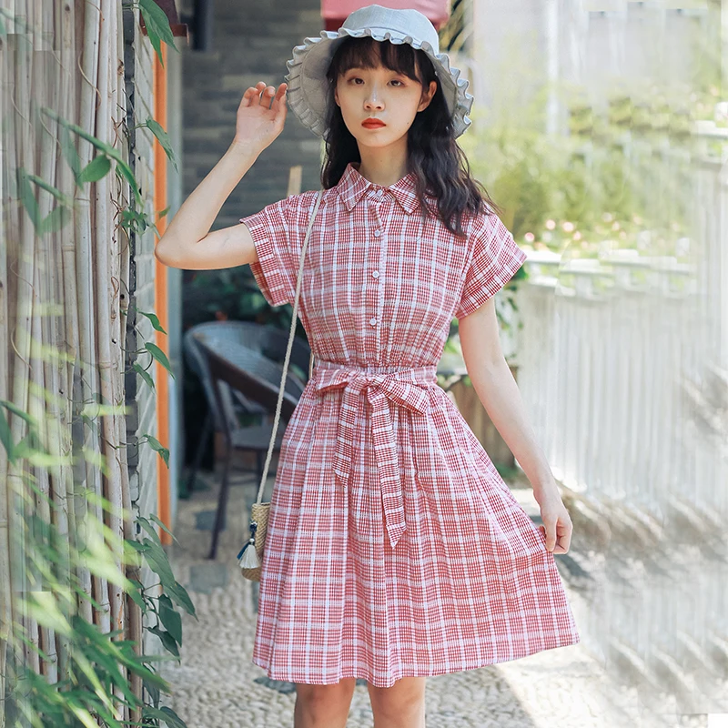 

Mori Girl Summer Fashion Casual Plaid Mini Dress New Arrival Cute Vestidos