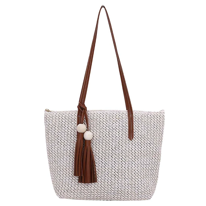 

Straw Handbags Women Handwoven Round Corn Straw Bags Natural Chic Hand Large Summer Beach Tote Woven Handle Shoulder Bag Beige