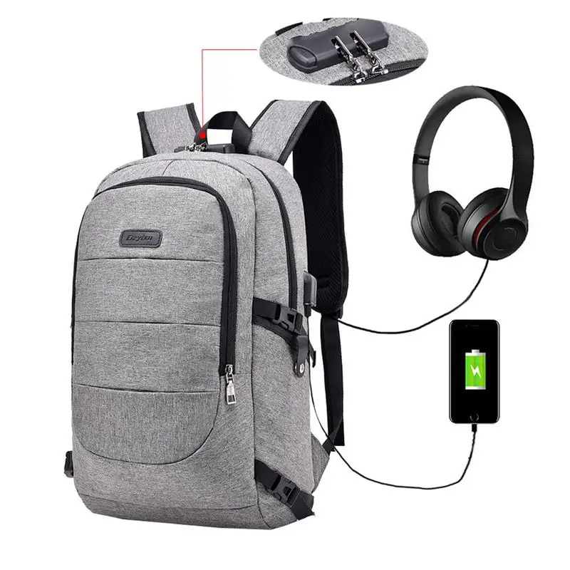 

Vbiger Unisex Canvas Backpack Anti-theft Daypack 14'' Laptop School Shoulder Bags with Large Capacity Coded Lock USB Charging