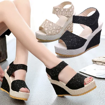 

Women Lace Platform Wedges Sandals Peep Toe Breathable Shoes for Summer YA88