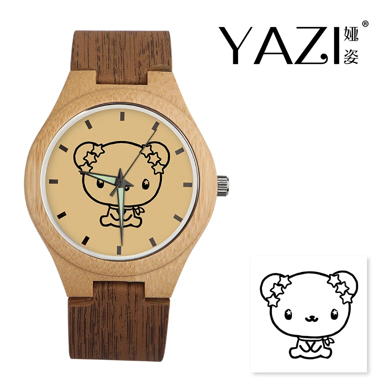 

YAZI Personalize Wooden Watch Cute Pet Logo Watches Natural Bamboo Wood Case Wrist Watches Wood Stripe Band Memory Gift