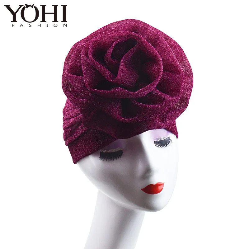 New luxurious Muslim headgear with bright silk and large flowery India hat Women turban scarf Head wrap Turbante