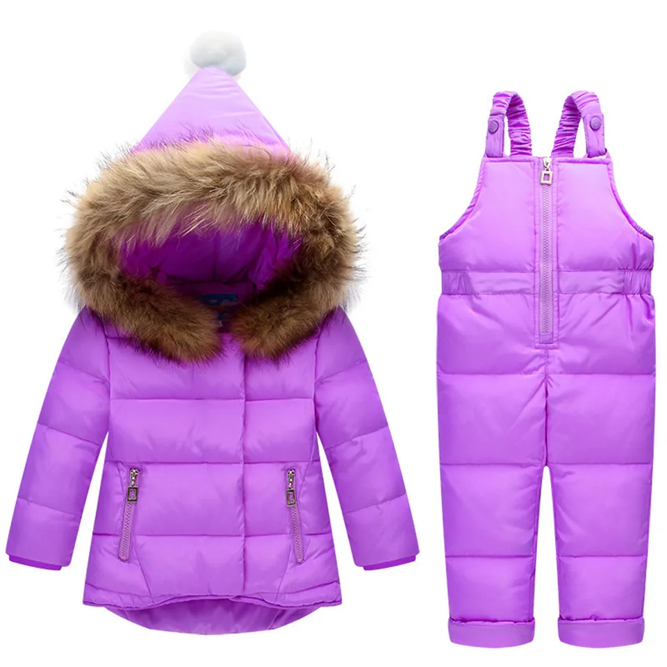 Комплекты детской одежды для русской зимы зимние куртки штаны, комплект из 2 предметов, пуховое пальто для маленьких девочек, Куртка Верхняя одежда с меховым капюшоном, детский зимний комбинезон - Цвет: Фиолетовый