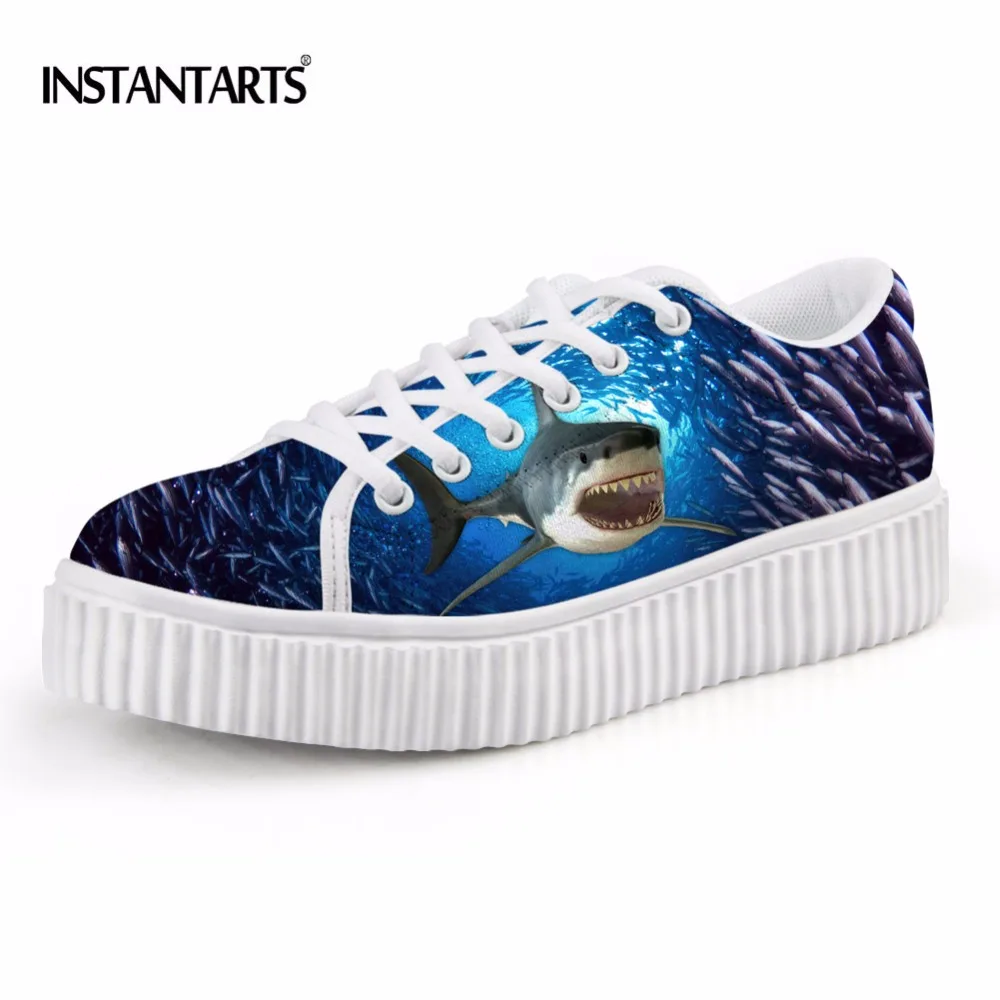 

INSTANTARTS Creative Brand Design Blue Sea World Cute Shark Printed Women Flat Platform Shoes Casual Female Teen Girls Flats