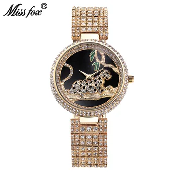 

Miss Fox Luxury Watch Women Rhinestone Waterproof Bu Relogio Feminino Dourado Leopard Stainless Steel Full Diamond Horloge Dames