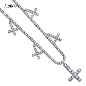 

ARMNVNV Hip Hop Fashion Cross Pendant Necklace Tennis Chain Five Cross Cubic Zircon Copper Chain Rock Style Gift